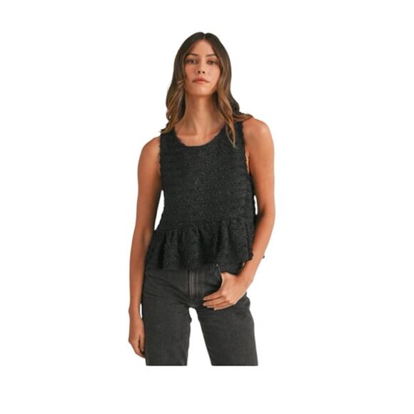 NWT Mable Aarna Frayed Babydoll Tank Top Black Peplum Top Textured Size Medium - Picture 1 of 11